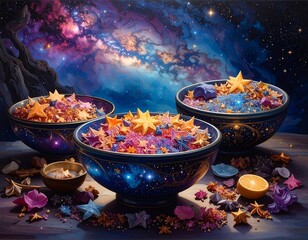 Three bowls filled with colorful stars and cosmic elements on a wooden surface