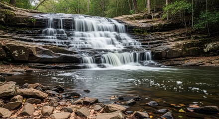 Obraz premium Majestic Multi-tiered Waterfall with Silky Motion Blur. Realistic Wilderness Cascade on Rugged Rock Face. Low Angle Shot of an Ethereal Forest Waterfall.