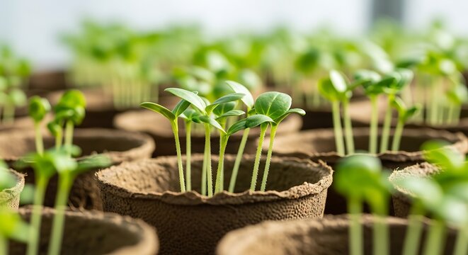 Close up of young green seedlings growing in biodegradable peat pots ready for planting in a garden.