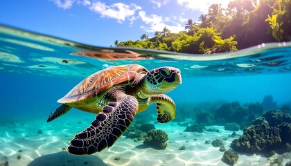Underwater turtle swimming in clear ocean