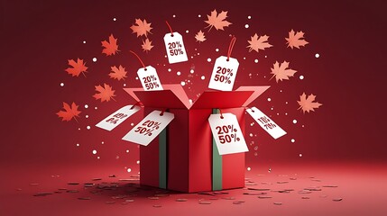 Red gift box exploding sale tags photos