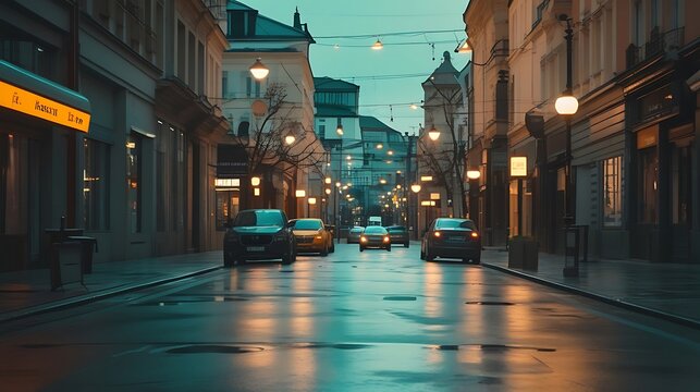 Rainy european street glowing reflections dusk images - Powered by Adobe