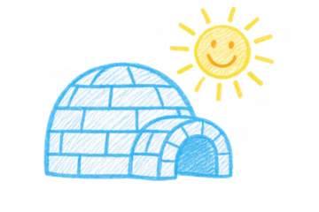 Crayon drawing igloo under smiling sun, illustrating climate change and global warming effect, transparent background