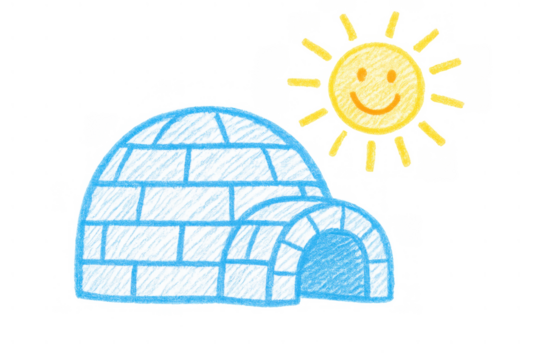 Crayon drawing igloo under smiling sun, illustrating climate change and global warming effect, transparent background - Powered by Adobe