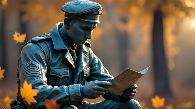 Soldier statue reading book autumn evening images - Powered by Adobe