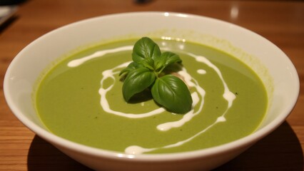 Green pea soup with cream and basil in a white bowl, close-up shot