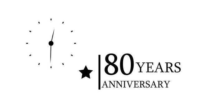 80 Years Anniversary Animation 4K Golden stars and clock symbol highlight 80 years celebration text. Perfect for birthday wishes, anniversary greetings, and transparent background videos.