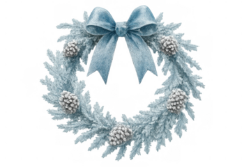 Winter festive wreath decorating door with blue bow, frosty pine cones, holiday season celebration