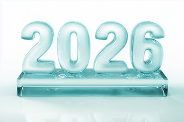 A stunning design features the numbers 2026 crafted from transparent glass, shining brightly, symbolizing the arrival of the New Year amidst a festive Christmas atmosphere.