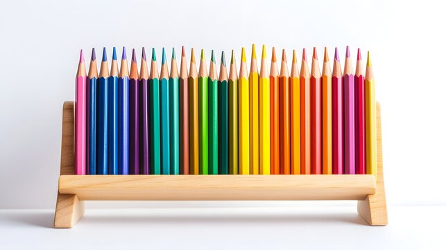 A colorful assortment of ened colored pencils are arranged in a wooden holder on a white surface.