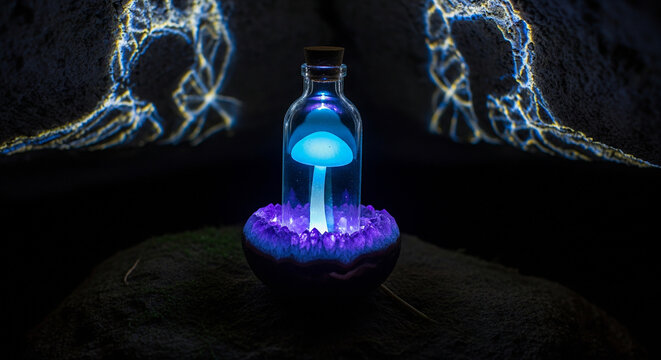 A glowing potion bottle in a dark cave projects magical energy, a fantasy concept for powerful elixirs, mysterious science, and transformative power