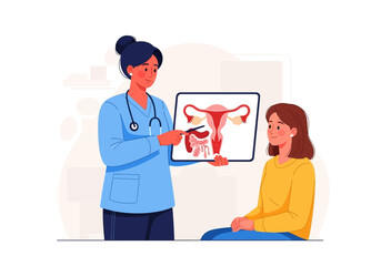 Doctor uses uterus illustration to educate patient. Suitable for medical brochures, websites, or educational materials on womens health.
