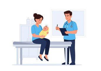 Mother and baby at medical checkup with doctor. Ideal for healthcare, family medicine, pediatricians, motherhood, and childcare concepts in design.