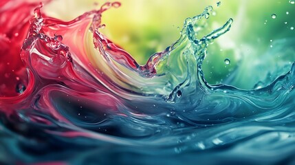 Vivid multicolored liquid swirls and splashes creating an abstract dynamic effect against colorful backdrop.
