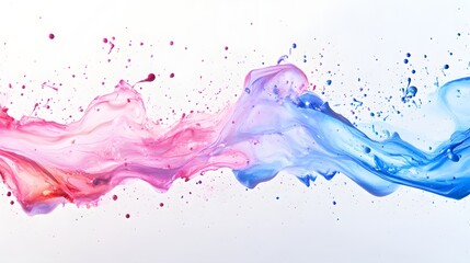 Pink and blue ink combine fluidly forming an abstract wave on a white background with scattered paint dots.