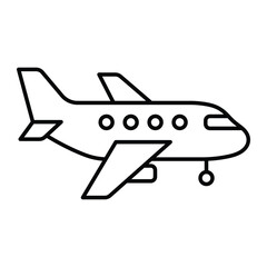 Airplane vector icon. Simple black outline of passenger jet with windows and wings. Minimal flat line art design for travel, aviation, or transportation symbol use.