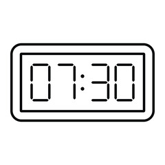 Digital alarm clock vector icon. Simple black outline of electronic display showing time 07:30. Minimal flat line art design for time, schedule, or wake-up symbol use.