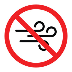 No wind vector icon. Red prohibition circle with diagonal line over black wind swirl symbol. Forbidden breeze or airflow warning sign for safety and caution design.