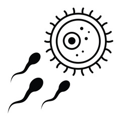 Sperm and ovum vector icon. Black silhouette of sperm cells swimming toward egg cell. Medical and biology flat line art design for fertility, reproduction, or healthcare concept.