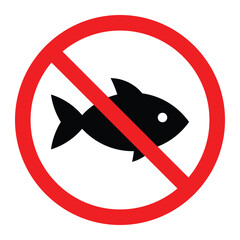 No fish vector icon. Red prohibition circle with diagonal line over black fish silhouette. No fishing warning or restriction sign for safety label design.