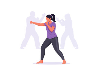Dynamic action scene of a woman boxing with transparent figures mirroring her movements. Great for fitness, sports, and motivational concepts.
