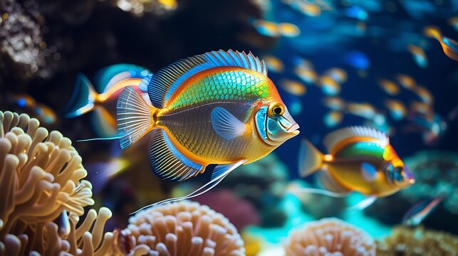 Vibrant discus fish swimming coral reefs wallpaper images