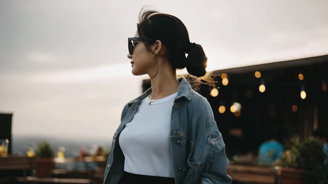 女性が友人の気配と夕景笑顔