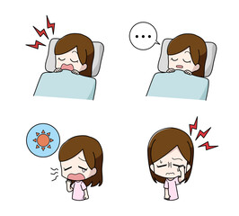 睡眠時無呼吸症候群の症状のイラストセット・女性