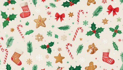 Vibrant Christmas-themed pattern featuring holly leaves, candy canes, gingerbread men, stockings, and stars on a white background with a festive holiday mood.