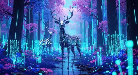 Mysterious robotic deer roam a vibrant, futuristic forest glowing with neon blue and purple digital data streams creating an enchanting, otherworldly atmosphere.