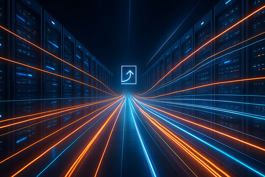 Rows of glowing server racks illuminated by vibrant blue and orange light streaks, symbolizing data flow and technological advancement towards a central growth arrow icon.