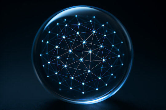 A glowing blue network of interconnected nodes and lines forms a complex web within a transparent sphere against a dark background, suggesting data, connecti...