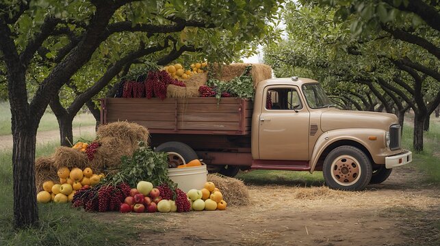 Vintage truck loaded fresh harvested produce HD images