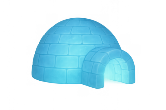 Cartoon igloo made of blue ice blocks providing shelter in cold arctic winter weather, transparent background