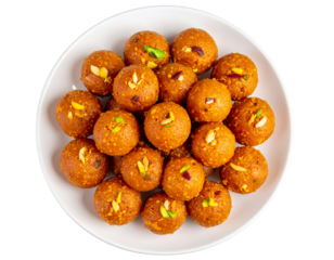 plate of Indian ladoo sweets top view isolated on white and transparent, background