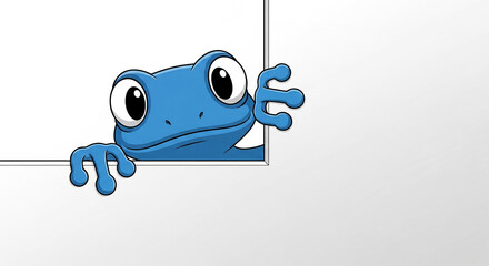 Cute Cartoon Blue Frog Peeking Over Blank White Sign with Copy Space