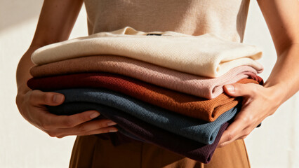 Person holding stack of folded sweaters