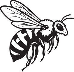 Simple bee line art in flight, clean design element for honey or garden.