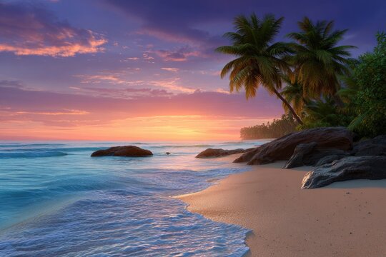 Tropical beach sunset scene with calm waters palm trees rocks and a sandy shore under a vibrant colorful sky