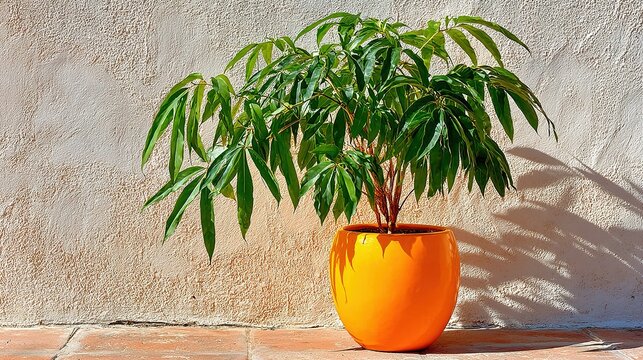 Green plant in orange pot against textured wall with shadows indoors. - Powered by Adobe
