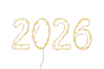 Forming year 2026 with illuminated festive garland string lights, creating a bright festive design element