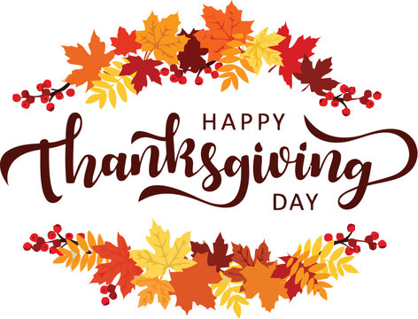 Celebrate gratitude and togetherness with this beautiful Happy Thanksgiving design featuring vibrant autumn leaves and festive lettering, perfect for seasonal greetings.