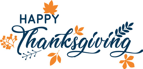 Celebrate gratitude with this stylish 'Happy Thanksgiving' lettering adorned with vibrant fall leaves and berries, perfect for seasonal greetings.