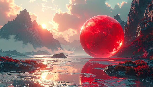 Red sphere in a mountain landscape