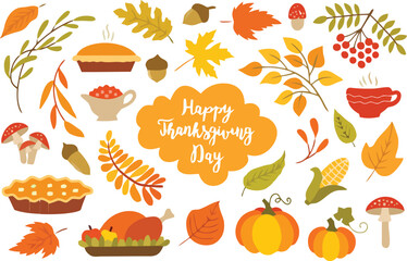 Delightful Thanksgiving Day elements featuring pie, pumpkin, turkey, and colorful autumn leaves for festive seasonal designs that evoke warmth and gratitude