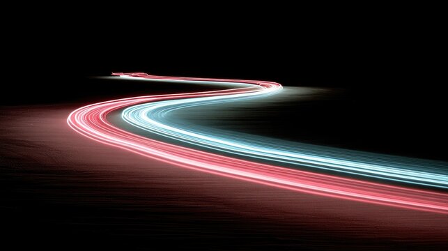 Light trails curve on black. Speeding lines fade out