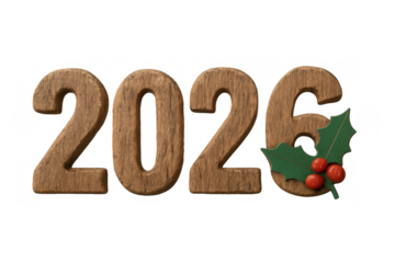 2026 wooden text with holly, celebrating new year and christmas, seasonal greeting on transparent background