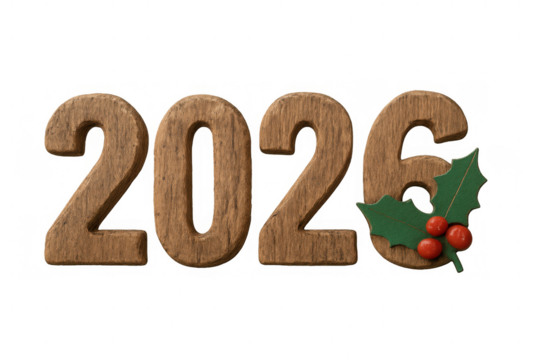 2026 wooden text with holly, celebrating new year and christmas, seasonal greeting on transparent background