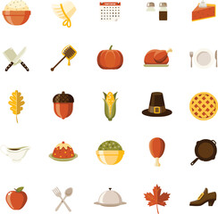 Festive Thanksgiving celebration icons featuring traditional holiday foods, autumnal leaves, and pilgrim attire for vibrant seasonal designs and creative projects