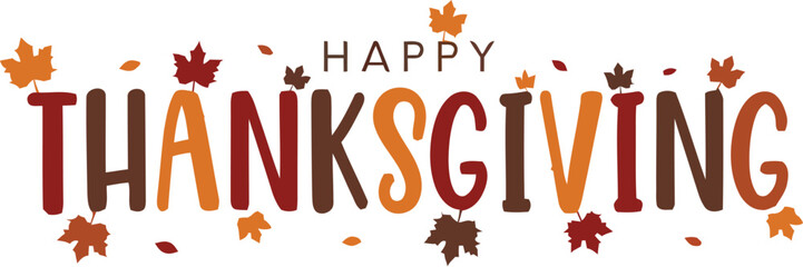 Celebrate autumn's bounty with vibrant 'Happy Thanksgiving' text adorned with falling leaves, perfect for festive greetings and seasonal designs.